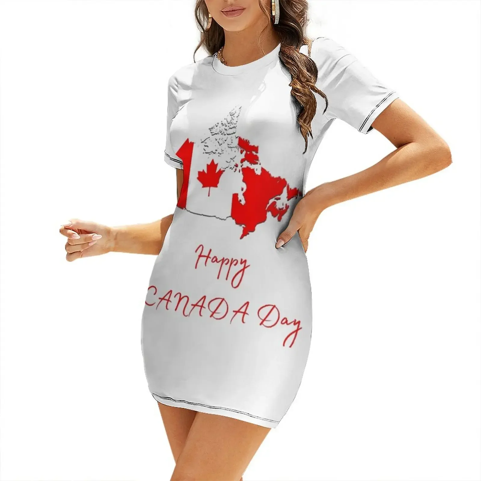 Summer Clothing Women Canada - Happy Canada day Short-Sleeved Dress evening