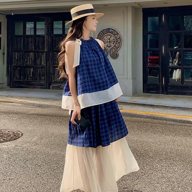 Halter Neck Top - Women's Blue Plaid Two Piece Set