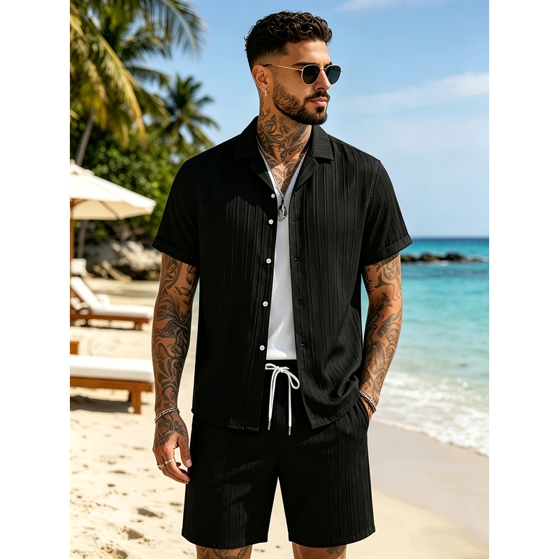 Summer Clothing For A Beach - 2Men's Summer Casual Suit Set，Cuban collar