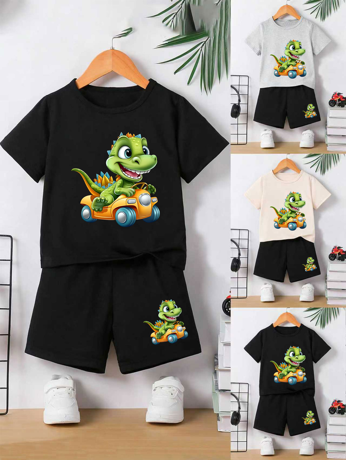 Summer Clothing Drive - Boys' Dino-Driving Print Comfortable Set Cute