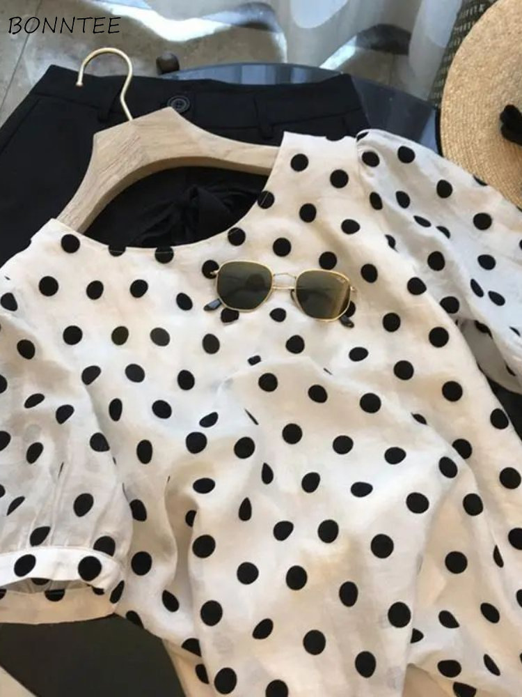 Polka Dot Blouses Women Elegan - Summer Linen Clothing For Women 评论和价格