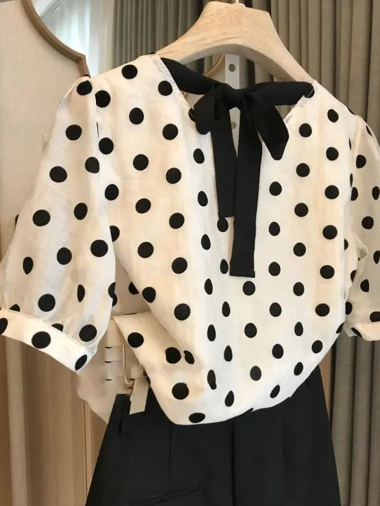 Polka Dot Blouses Women Elegan - Summer Linen Clothing For Women 评论和价格