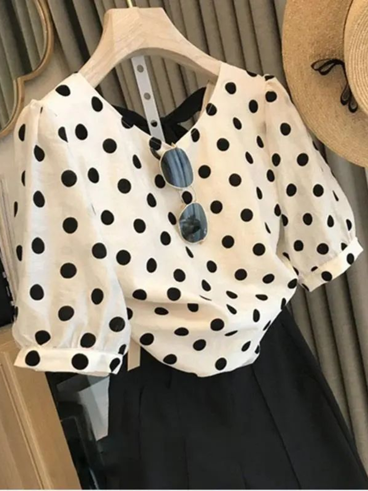 Polka Dot Blouses Women Elegan - Summer Linen Clothing For Women 评论和价格