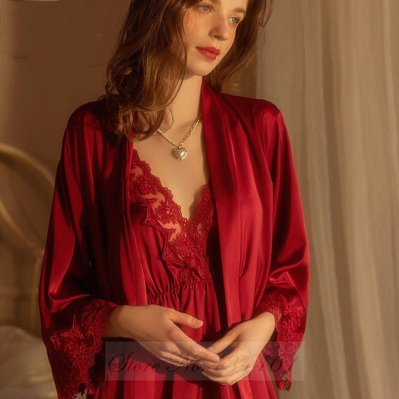 Burgundy 2PCS Robe Set Nightgo - Summer House Clothing 评论和价格