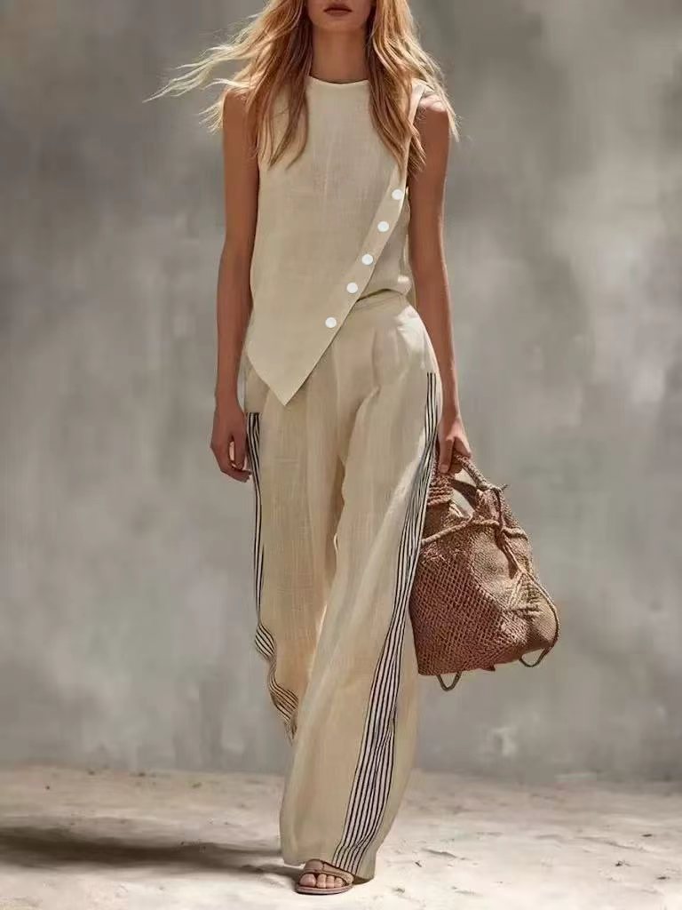 Side Button Irregular Sleevele - Summer Linen Clothing For Women 评论和价格