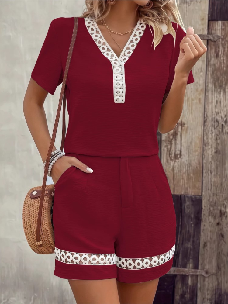 Fashion Lace V Neck Spliced Sh - Summer House Clothing 评论和价格